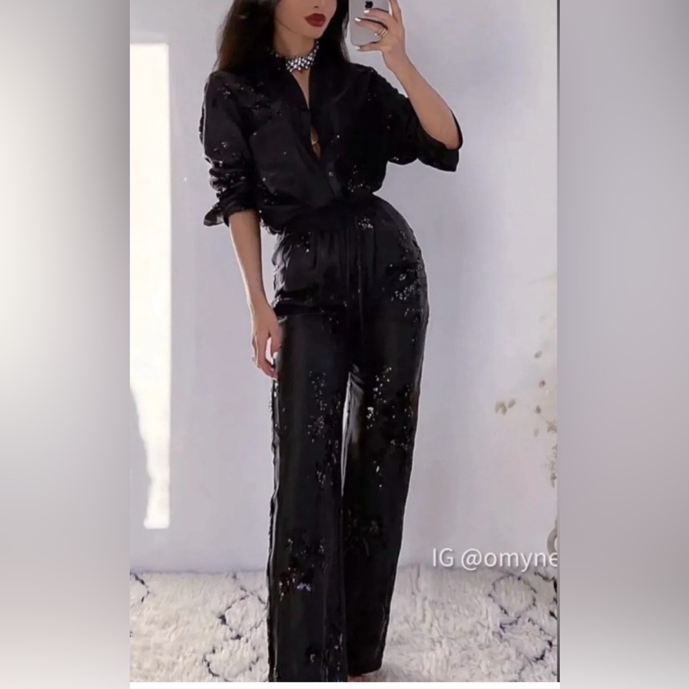 Zara Black Embellished Satin Jumpsuit - Picture 2 of 16